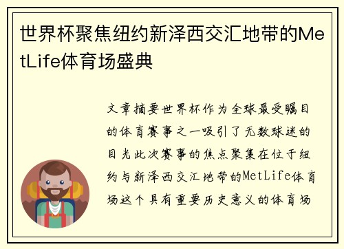 世界杯聚焦纽约新泽西交汇地带的MetLife体育场盛典