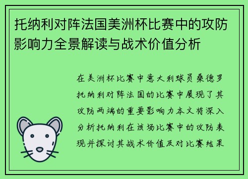 托纳利对阵法国美洲杯比赛中的攻防影响力全景解读与战术价值分析
